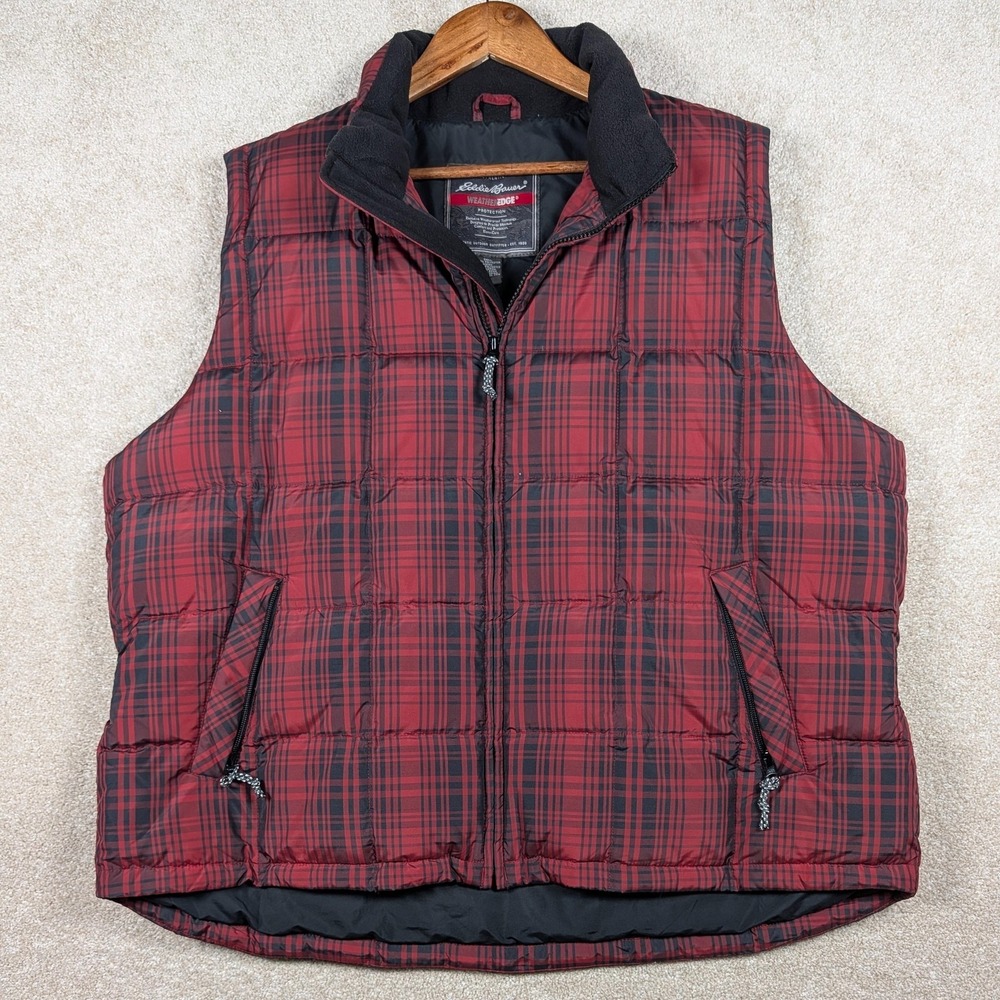 Eddie Bauer WeatherEdge Vest Mens 2XL Red Plaid Down Puffer Full Zip Outdoor